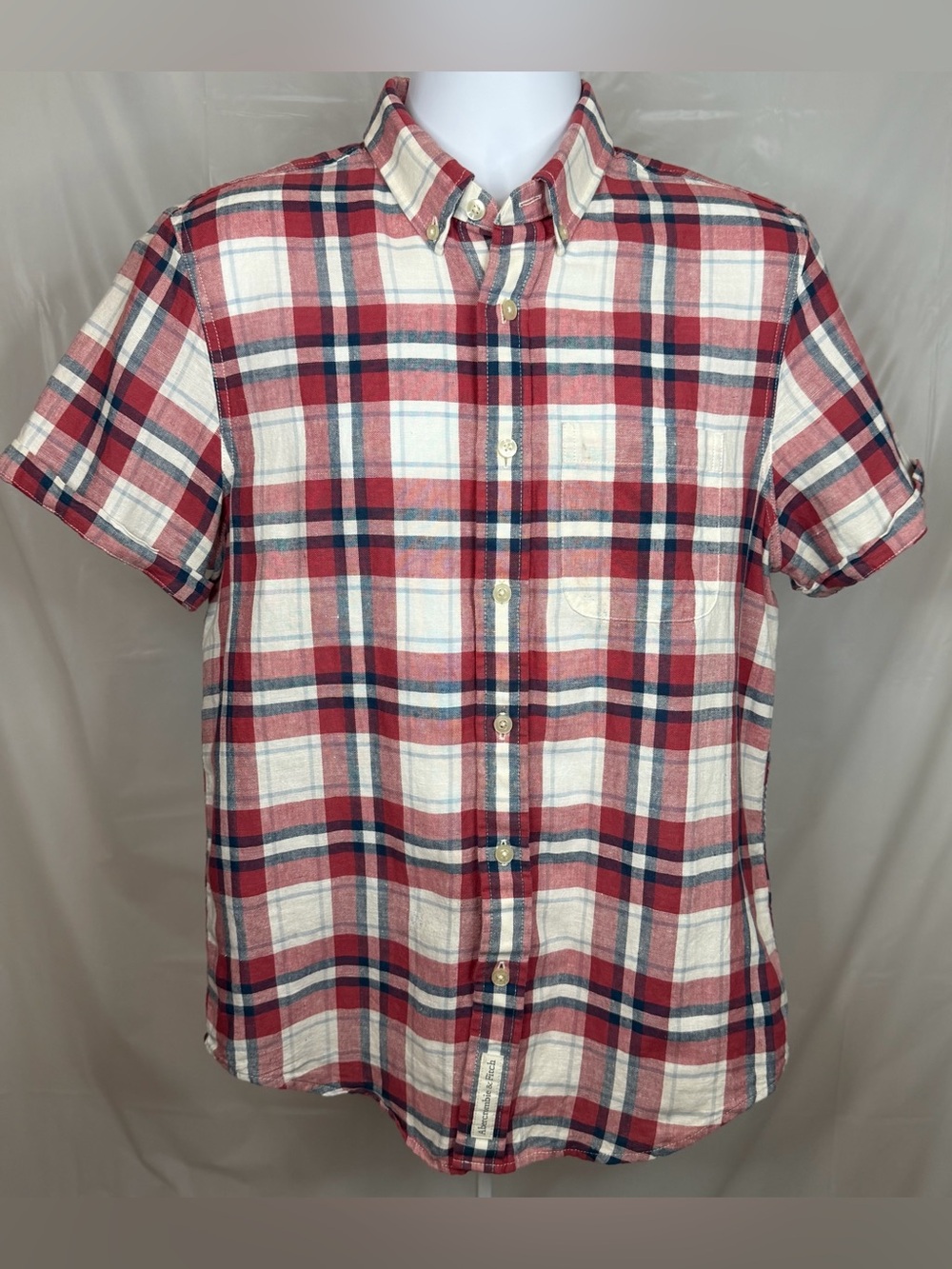 Abercrombie & Fitch Muscle Fit Plaid Button Up Shirt Medium Red Blue